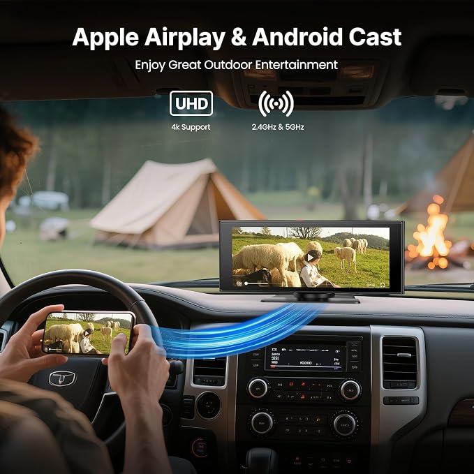 Wireless Car Play Screen, 10.26'' Monitor with Apple Carplay & Android Auto, 4K Portable Smart Touch Tablet Stereo Multimedia Dashboard, Bluetooth/FM/GPS/AUX