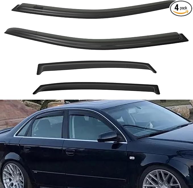 4pcs Front+Rear Smoke Tint Sun/Rain Guard Outside Mount Tape-On Vent Window Visors Compatible with 02-08 B6/B7 A4/A4 Quattro 04-08 S4/RS4 4-Door Sedan