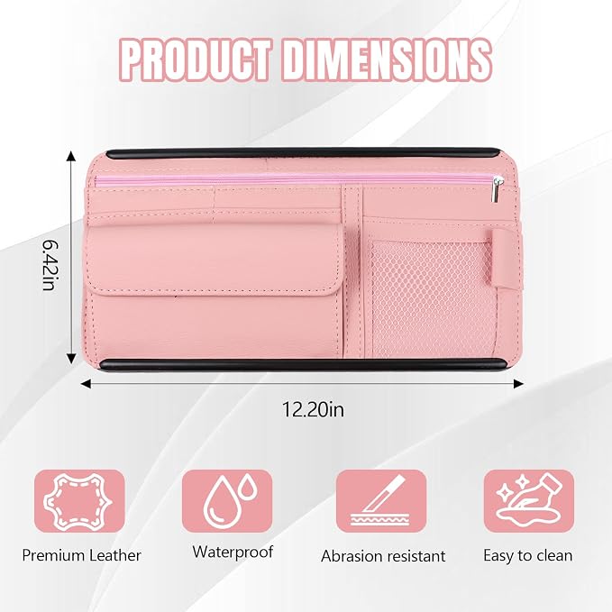 Car Visor Organizer, Leather Multi-Pocket Auto Sun Visor Storage Pouch with Sunglasses Holder, Card Holder, Zipper Pocket, Net Pocket, Pen Slot, Universal Interior Car Accessories (Pink)