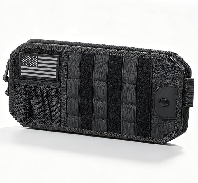 Molle Car Sun Visor Organizer,Car Accessories with Zipper Visor Storage Pouch&Glasses Clip&Adjustable Straps, Semi-Rigid Molle Panel for Tactical Gears, Fits Most Vehicles, SUVs (Black)