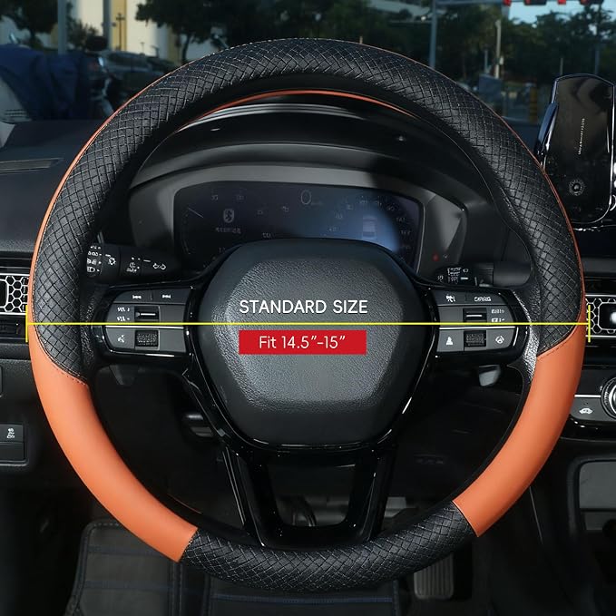 Car Steering Wheel Cover, Leather, Universal 15 Inch Fit, Anti-Slip & Odor-Free,Brown