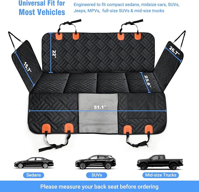 Megadream Dog Car Seat Cover Hard Bottom Back Seat Extender for Dogs 260LBS | Waterproof Scratch Resistant Rear Seat Pet Hammock with Mesh Window, Universal Fit for Sedan SUV Pickup Truck