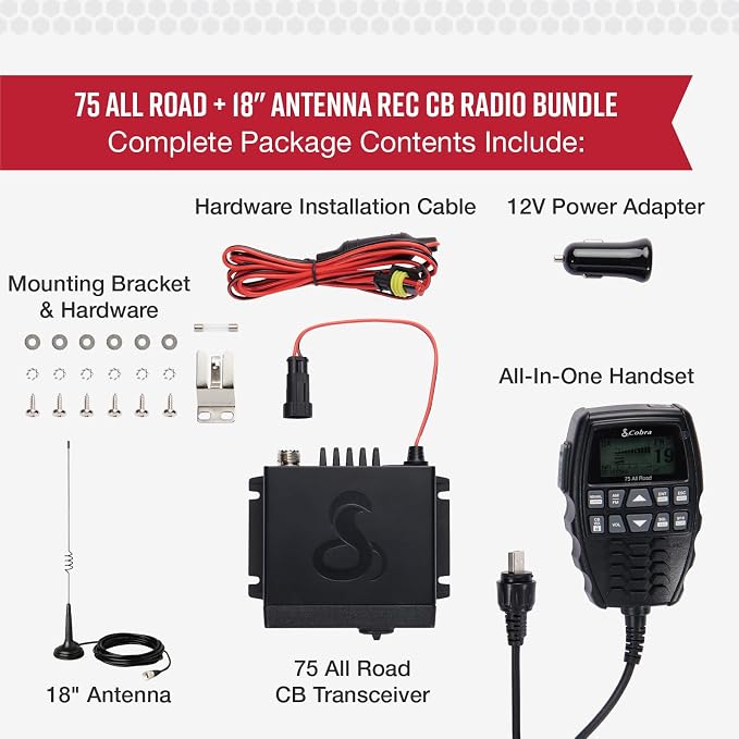 Cobra 75 All Road Wireless CB Radio, Black & HG A1000 18.5 inch Magnetic Mount CB Antenna – Heavy Duty Magnet, for use in Cars, SUVS Recreational Vehicles 100 Watt Power Handling Capability, Black