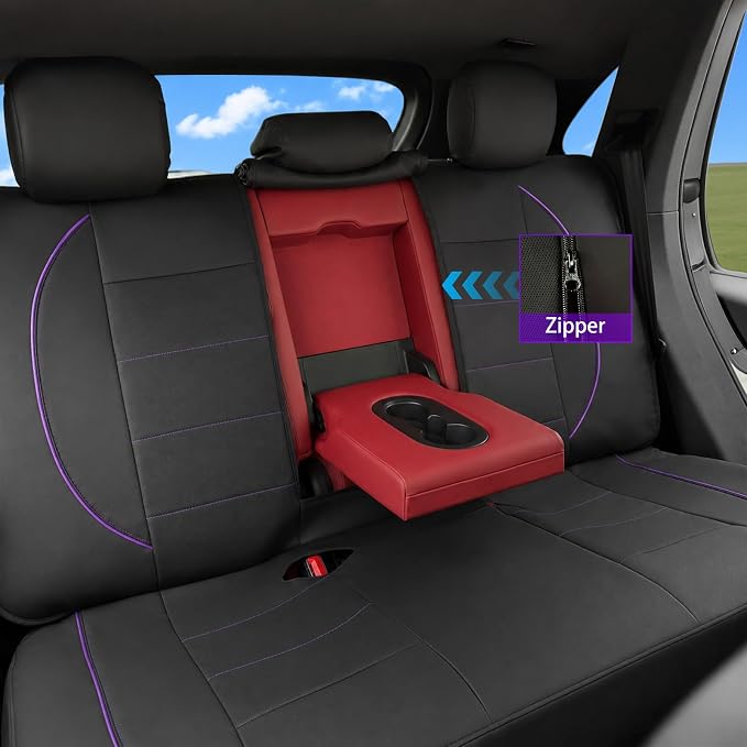 14 PCS Leather Car Seat Covers Full Set, 14.5”-15'' Sporty Steering Wheel Cover Universal, Center Console Cover, Seat Belt Cushion, Cup Holder Coaster, Car Interior Set Purple