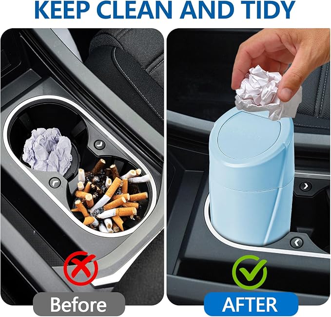 Mini Car Trash Can with Lid, Portable Garbage Can for Car, Leakproof Cup Holder Automotive Garbage Bin with 2 Rolls of Trash Bags, Small Trash Storage Can for Car Home Office(Light Blue)