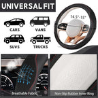 6 PCS Nappa Microfiber Leather Black Steering Wheel Cover Set, Breathable Fabric Steering Wheel Cover 14.5-15inch Universal, Car Center Console Cover, Seat Belt Cushion, Cup Holder Coaster