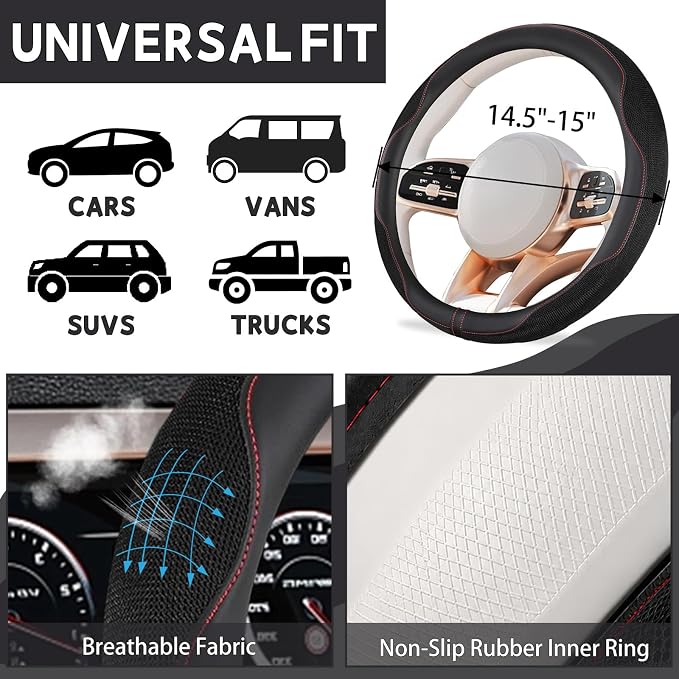 6 PCS Nappa Microfiber Leather Black Steering Wheel Cover Set, Breathable Fabric Steering Wheel Cover 14.5-15inch Universal, Car Center Console Cover, Seat Belt Cushion, Cup Holder Coaster