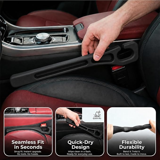 Car Seat Gap Filler 2-Pack, Universal Anti-Drop Organizer Strip with Storage Slot, Car Organizer Between Seat & Console for Cars, SUVs, Trucks (Black)