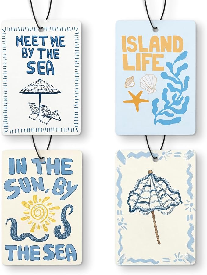 Blue Coastal Summer Beach Air Freshener Diffuser Hanging for Car Interior Closet Drawer Home 4 Pcs, Nautical Ocean Seaside Beachy Car Accessories Mirror Decor