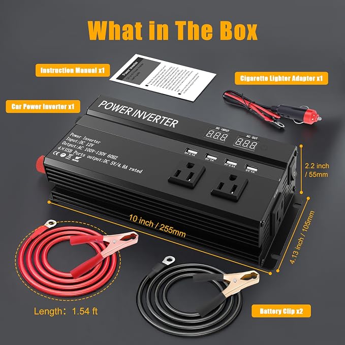 1200W Power Inverter, 12v to 110V AC Car Inverter with Fast Charging 2.4A USB and 3 AC Outlets Ideal for Road Trips, Camping, RV, Truck, Solar, and Vehicle Power Needs