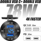 Upgraded 4 Port 12V USB Outlet, 78W Dual PD & QC Aluminum Alloy USB Ports with LED Voltmeter Waterproof for Cars, Cigarette Lighter Replacement 12V Socket for Boats RV Trucks and Motorcycles