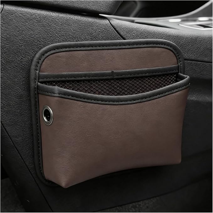 Car Seat Side Pocket Organizer, Multifunctional Leather Console Side Storage Pouch with Card Holder, Waterproof Phone & Sunglasses Pocket Bag for Car Door Seat Console (Brown)