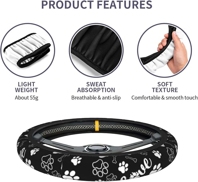 Paw Print Steering Wheel Cover Universal 15 Inch +2 Pieces Car Coasters | Anti-Slip Breathable Car for Men/Women Dog Paw Print Steering Wheel Cover Dogs Prints