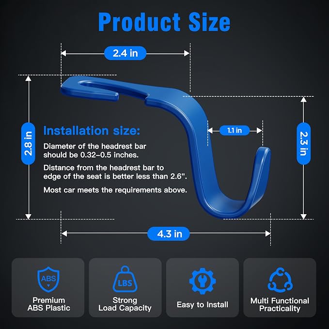 Car Seat Headrest Hook 4 Pack Hanger Universal Vehicle Car Storage Organizer for Handbag Purse Coat S Type Blue