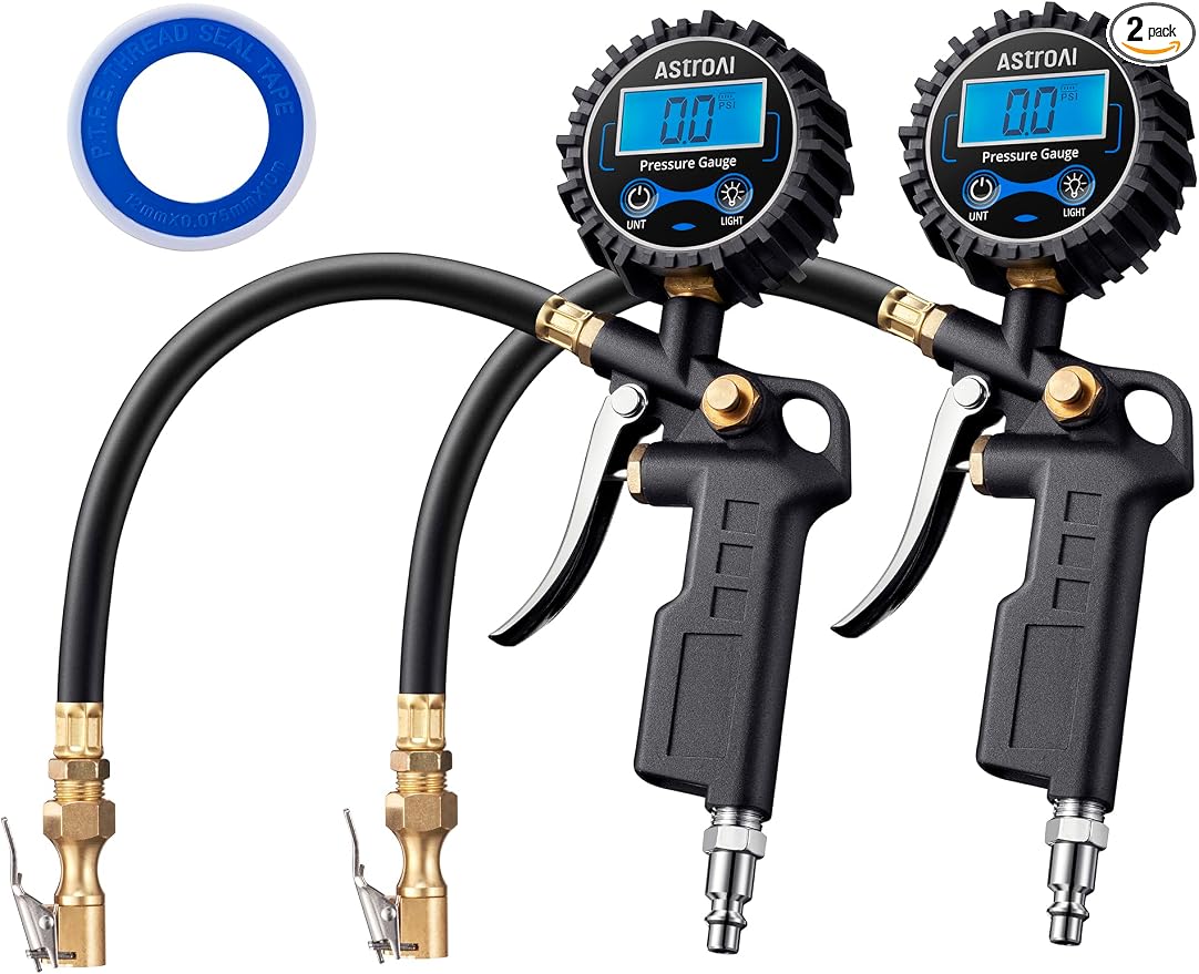 Digital Tire Pressure Gauge with Inflator, 3-250 PSI Air Chuck & Compressor Accessories Heavy Duty with Quick Connect Coupler, 0.1 Display Resolution, 2Pack Standard
