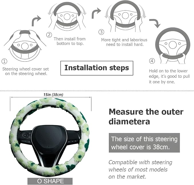 Green Plush Flowers Steering Wheel Cover Auto Jacquard Steering Wheel Protector, Anti-Slip, Breathable, Absorbing Sweat, Universal Car Accessories 14.5–15 inch,Fit for Most Car, Trucks, SUV