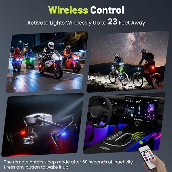 Wireless LED Lights for Car 4PCS, Interior Car Lights with Remote, USB-C Charging Strobe Lights, 80H Battery 8 RGB Colors IP65 Waterproof Ambient Lighting Car Accessories for Trucks Motorcycles Bike