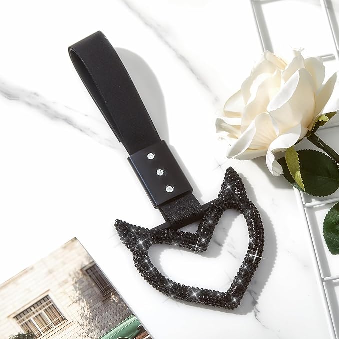 Bling Car Accessories Bling Heart Handle Ring Car Accessory for Women Heart Hand Strap Drift Charm Rear Bumper Warning Ring Decor for auto Bus Interior Exterior Decoration (Black,Devil Style)