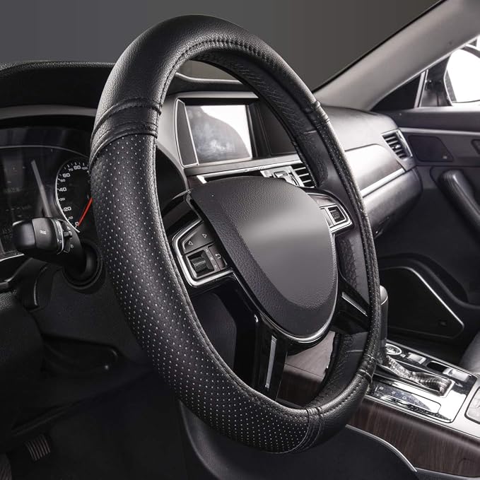 Classical Leather Automotive Universal Steering Wheel Covers,Universal Fit for Suvs,Trucks,Sedans,Cars,Vans,14.5-15inch Anti-Slip Safety Comfortable Desgin(Black)