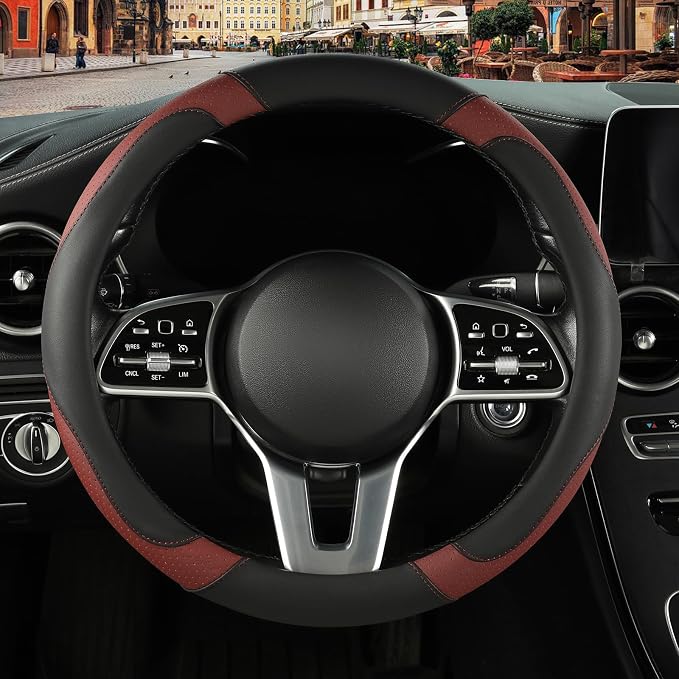 Black Burgundy Microfiber Leather Steering Wheel Cover 15 inch | Breathable Anti Slip Grip Cool Sporty Look Glow for Women Men