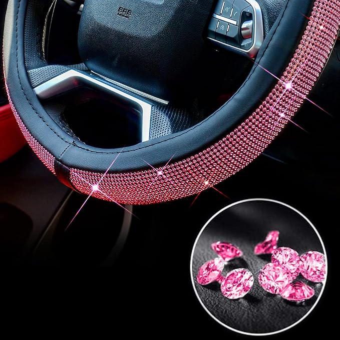 New Diamond Leather Steering Wheel Cover with Bling Bling Crystal Rhinestones, Universal Fit 15 Inch Car Wheel Protector for Women Girls Pink Diamond