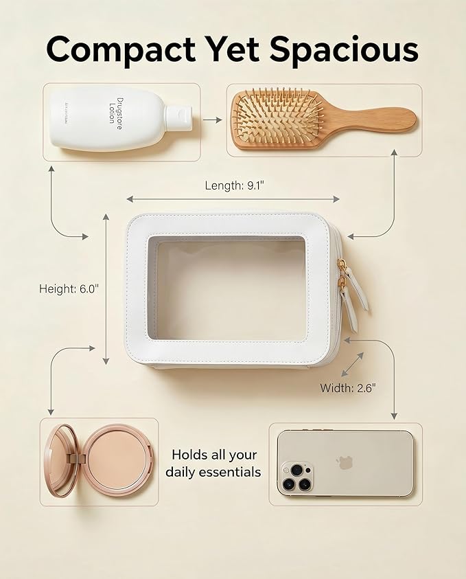 Clear Makeup Bags, TSA Approved Toiletry Bag with Zipper,Transaparent Beach Makeup Organizer Bag for Beach Travel Essentials,Clear Cosmetic Bags for Women Men(O-Beige)