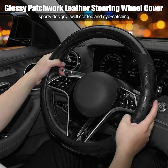 Hiseanllo Car Steering Wheel Cover, 14.5-15 Inch Universal Fit, Sporty Anti-Slip Leather Steering Wheel Protector with Glossy Color Accent, Comfortable Grip for Cars, SUVs, Trucks(Black)