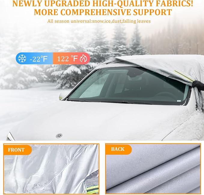 Half Car Cover for Windshield Ice & Snow - Windshield Snow Cover with Hail Protector, All-Weather Car Cover Fit for Cars & SUVs with Reflective Straps (Sedan)
