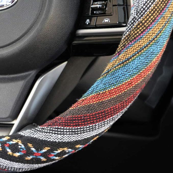 Blue Woven Saddle Blanket Steering Wheel Cover for Cars SUV Van Truck Auto - Driver Grip 15 inch