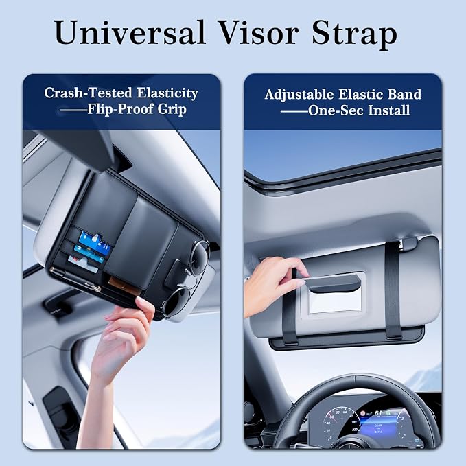 Car Visor Organizer, Premium Leather Sunglasses & Card Holder for Cars, Registration/Insurance Slot, Credit Card Pockets, Organizer for Car Sun Visor (Black Leather)