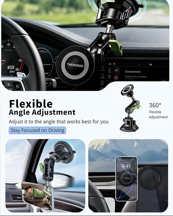 Magnetic Car Phone Holder, Ultra Stable Windshield Phone Mount, Strong Suction Cup & Powerful Magnetic, 360° Rotatable, Durable Premium Aluminum Alloy, for All Vehicles & All Smartphones