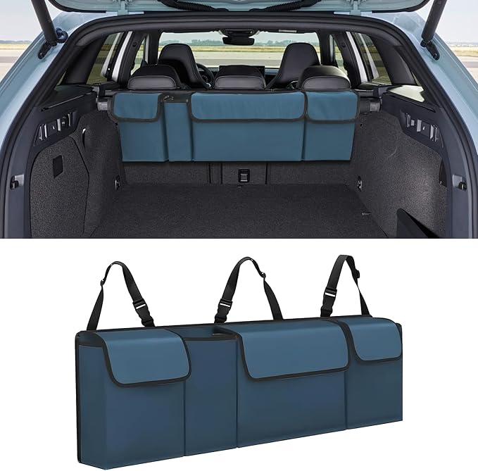 Car Trunk Organizer, Waterproof Collapsible Cargo Bag with 4 Pockets,Backseat Hanging Large Storage with Adjustable Straps, Sturdy Space Saver Frees Trunk Floor for SUV, Truck (Blue)