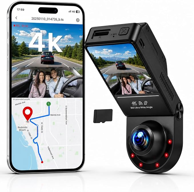 360° Dash Cam Front and Inside 4K+2.5K, 2 Channel Dashcam for Car, 185° Cabin Fisheye Car Camera with Night Vision, WiFi APP, GPS, G-Sensor, Parking Mode and 64GB Card Included