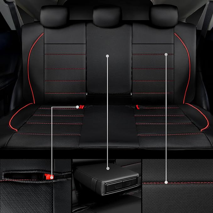 Leather Back Seat Cover,Piping Waterproof Bench Seat Cover, Rear Seat Cover Universal Fit for Cars Sedans SUVs Truck 95% Automotive Interior Backseat Car Covers (Rear,Black and Red)