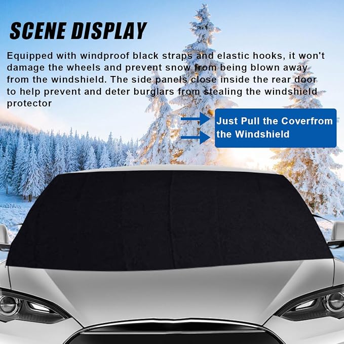 Car Front Windshield Snow Cover, 74×66 Inch Anti Ice Frost Windshield Protector, Windproof Oxford Front Window Cover, Winter Car Accessories for Cars, Trucks, SUVs, Lorries (Front Cover)