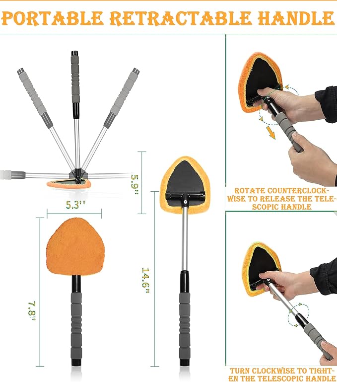 Car Windshield Cleaner Tool with Reusable Microfiber Pads Extendable Handle (1, Orange)