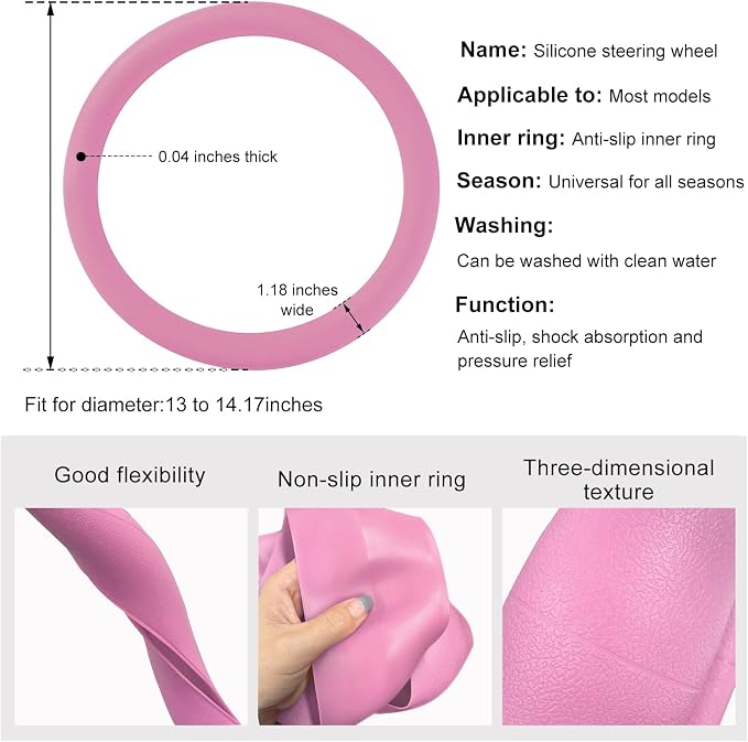 Car Steering Wheel Cover, 13 to 14.17 inches Anti-Slip Silicone Steering Wheel Protector, Soft Flexible Shock-Absorbent Steering Wheel Protective Cover for Most Car Models (Pink)