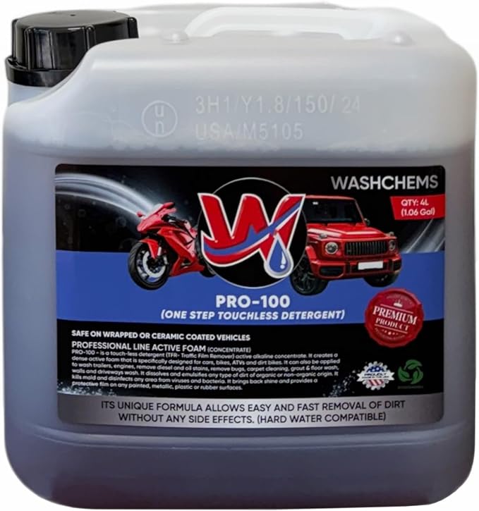 Pro 100 Touchless One Step Car Wash Detergent Soap Concentrate No Brushing 4L (Heavy-Duty) Commercial Grade Professional Auto Active Foam Cleaner