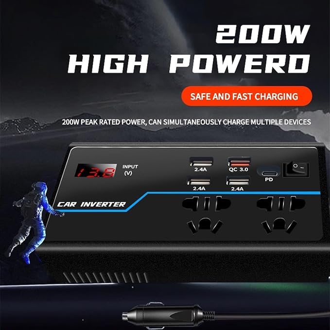 200W Car Power Converter, DC 12V to AC 110V Car Inverter, Car Outlet Adapter with PD 30W(PD3.0)/QC 30W(QC3.0) Fast Charging Ports, Car Plug Converter with On/Off Switch and Current LCD Screen