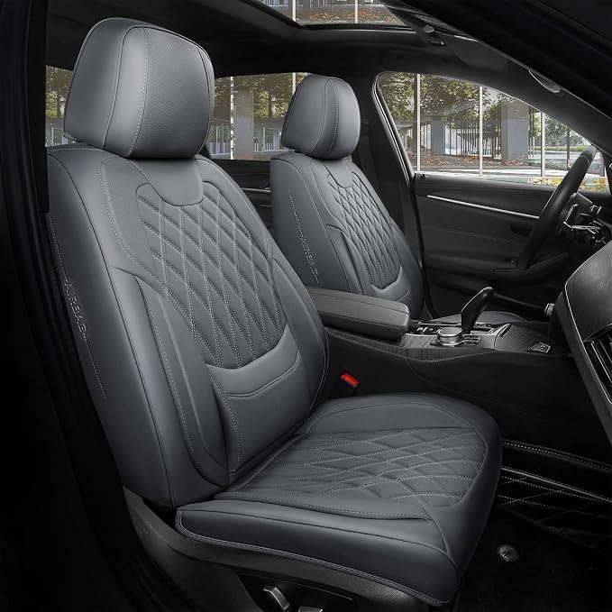 Front Car Seat Covers - Luxury Breathable Waterproof Faux Leather Car Seat Cushion Protectors with Lumbar Support, Universal Fit for Most 5 Seats Vehicles, Sedans, Hatchbacks, and Trucks, Gray