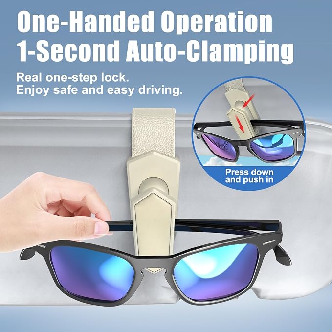 One-Handed-Operation Sunglasses Holder for Car, Visor Sunglass Holder Clip, Car Accessories Interior, Universal Fit Silicone Padded Visor Sunglass Holder Car, Unmatched Durability (2 Pack)