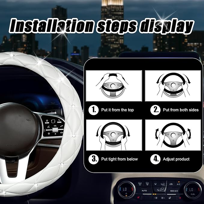 Steering Wheel Cover, Auto Cute PU Diamond Bling Breathable Soft Comfort Leather Car Interior Accessories Sparkly Fit Most O-Shaped Steering Wheels for Women Men (White)