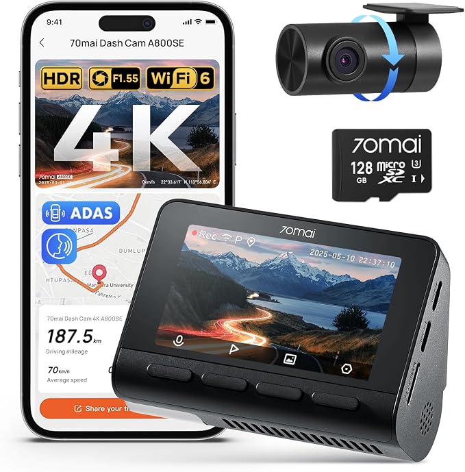 4K Dash Cam Front and Rear, Built in Wi-Fi 6 & GPS Car Camera, Super Night Vision, ADAS, 3'' IPS Screen, 24H Parking Mode, Time-Lapse, Loop Recording, with 128GB Card (A800SE)
