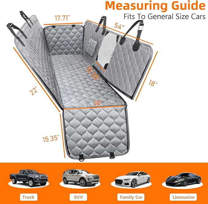 Dog Car Seat Cover with Mesh Window, 100% Waterproof Pet Seat Cover for Back Seat, Scratchproof Dog Hammock for Cars, Trucks, SUVs, Jeeps (Gray)