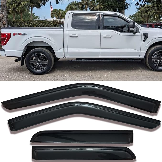 Window Visors Rain Guards Side Wind Deflectors for 2015-2025 F-150 Crew Cab, 2017-2025 F-250 F-350 F-450 Super Duty (SuperCrew/Crew) Cab, Vent Guard Shade Sun 94975 4-Pieces Set