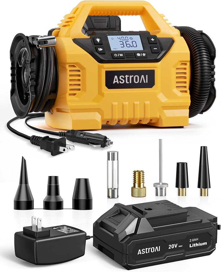 MC3 Tire Inflator Portable Air Compressor, 3 Power Sources:Cordless/110V AC/12V DC, 160PSI Fast Inflation Air Pump with Dual Motors, Auto Shut-off for Cars,SUVs, Air Mattress Inflator/Deflator