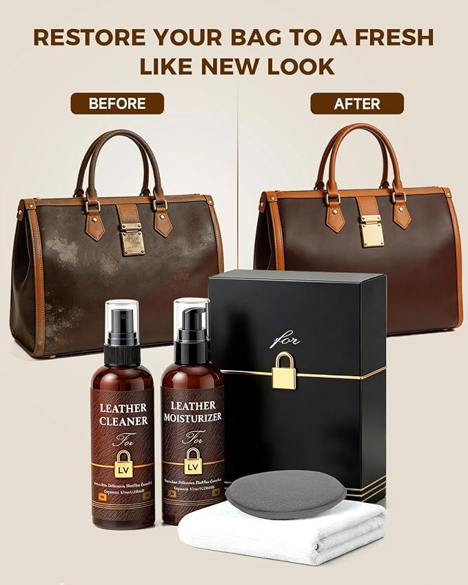 Leather Cleaner & Moisturizer Set for Louis Vuitton, Cleaning and Maintenance Kit for LV, Deep Nourishing & Stain Removal, Gentle Care, Suitable for LV Handbags, Wallets and Other Luxury Brands