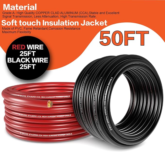 4 Gauge Wire (25ft Each - Red/Black) Copper Clad Aluminum CCA with Cable Cutter,Lugs Terminal Connectors and Heat Shrink Tube - Battery Power/Ground Cable,Car Audio Speaker,RV Trailer Amp Wiring kit