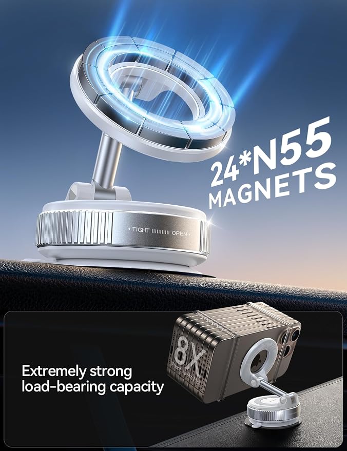 Magsafe Car Mount, Vacuum Car Phone Mount with Strong Magnetic, 360° Metal Strut Suction Cup Phone Mount for iPhone 17 Pro Max/16 15 14 13 12 Series& Android Magsafe Case, White