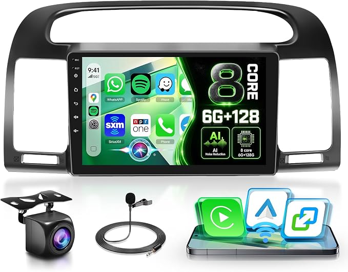 8 Core 6G+128G Android 15 Car Stereo for Toyota Camry 2000-2006, AI Noise Reduction, Wireless Carplay Android Auto 9 Inch IPS GPS 5G-WiFi DSP FM RDS, Bluetooth 5.0 SWC HD Backup Camera